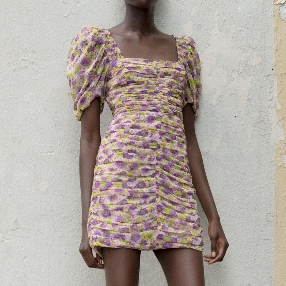 New Zara Draped Ruched Puff Sleeves Floral Lilac Bodycon Milkmaid Mini Dress XS